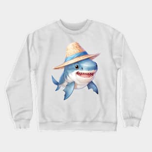 Great White Shark in Straw Hat Crewneck Sweatshirt